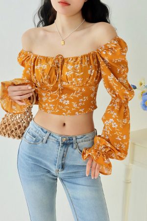 Vintage Yellow Floral Long Sleeve Shirt for Women - Loose Fit Square Neck Top - French Style Outerwear - Perfect for 90s and Y2K Fashion