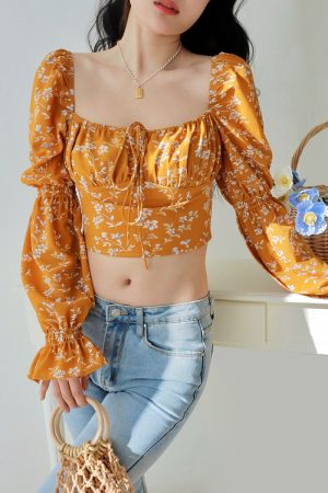 Vintage Yellow Floral Long Sleeve Shirt for Women - Loose Fit Square Neck Top - French Style Outerwear - Perfect for 90s and Y2K Fashion