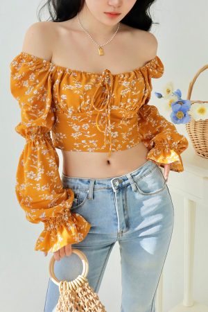 Vintage Yellow Floral Long Sleeve Shirt for Women - Loose Fit Square Neck Top - French Style Outerwear - Perfect for 90s and Y2K Fashion