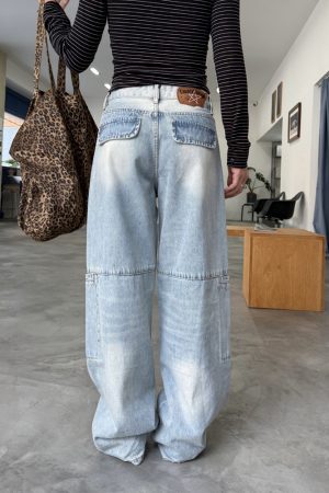 Washed Straight-Leg Wide-Leg Cargo Jeans for Men and Women, Vintage Casual Design with Multiple Pockets, Y2K Style Long Pants