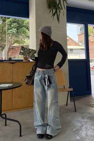 Washed Straight-Leg Wide-Leg Cargo Jeans for Men and Women, Vintage Casual Design with Multiple Pockets, Y2K Style Long Pants