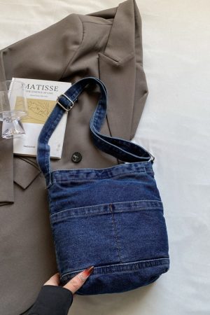 Water-Washed Blue Denim Crossbody Bucket Bag for Women - Casual 2025 Trendy Phone Bag