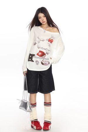 White Asymmetrical Shoulder Sun Protection Cover-Up T-shirt for Women, Loose Fit Long Sleeve Top, Spring American Style, Unique Lazy Fashion