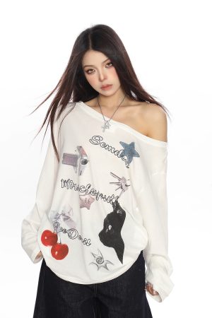 White Asymmetrical Shoulder Sun Protection Cover-Up T-shirt for Women, Loose Fit Long Sleeve Top, Spring American Style, Unique Lazy Fashion