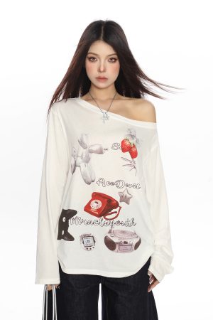 White Asymmetrical Shoulder Sun Protection Cover-Up T-shirt for Women, Loose Fit Long Sleeve Top, Spring American Style, Unique Lazy Fashion