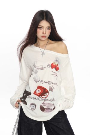 White Asymmetrical Shoulder Sun Protection Cover-Up T-shirt for Women, Loose Fit Long Sleeve Top, Spring American Style, Unique Lazy Fashion