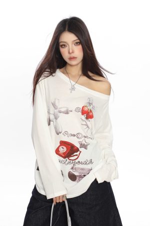 White Asymmetrical Shoulder Sun Protection Cover-Up T-shirt for Women, Loose Fit Long Sleeve Top, Spring American Style, Unique Lazy Fashion