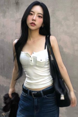 White Basic V-Neck Buttoned Strap Tank Top for Women, Slim-Fitting Waist-Exposing Design with Pocket, Casual Y2K Style