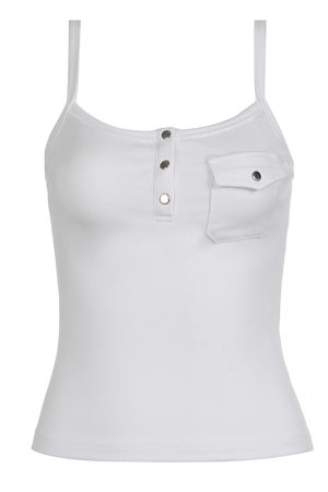 White Basic V-Neck Buttoned Strap Tank Top for Women, Slim-Fitting Waist-Exposing Design with Pocket, Casual Y2K Style