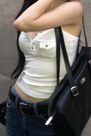 White Basic V-Neck Buttoned Strap Tank Top for Women, Slim-Fitting Waist-Exposing Design with Pocket, Casual Y2K Style