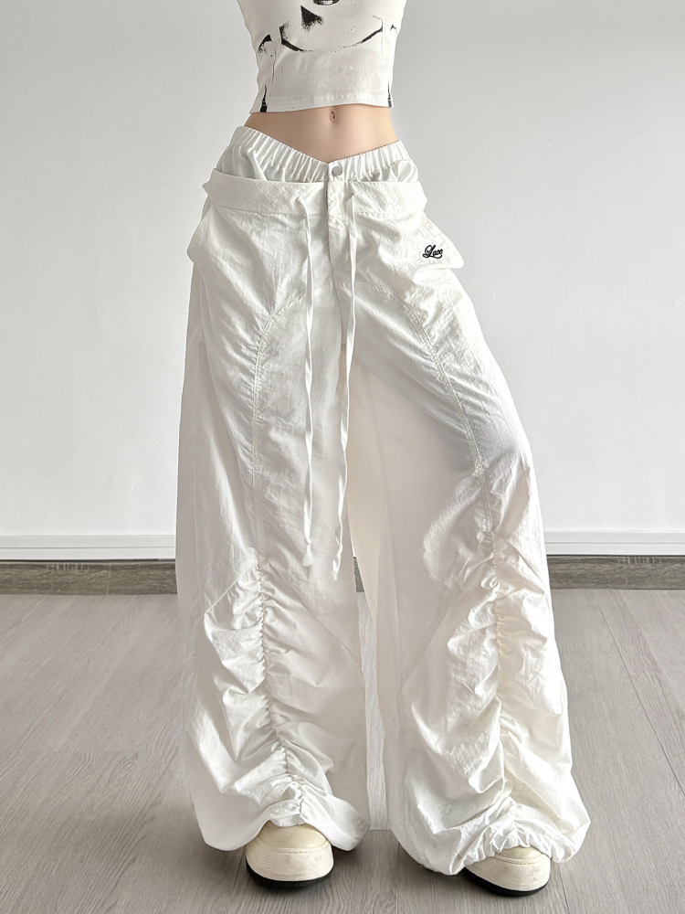 White Double Waist Pleated Casual Pants for Women - Low Waist Loose Wide Leg Dance Trousers, 90s Inspired Street Style White Double Waist Pleated Casual Pants for Women - Low Waist Loose Wide Leg Dance Trousers, 90s Inspired Street Style