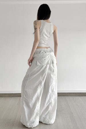 White Double Waist Pleated Casual Pants for Women - Low Waist Loose Wide Leg Dance Trousers, 90s Inspired Street Style