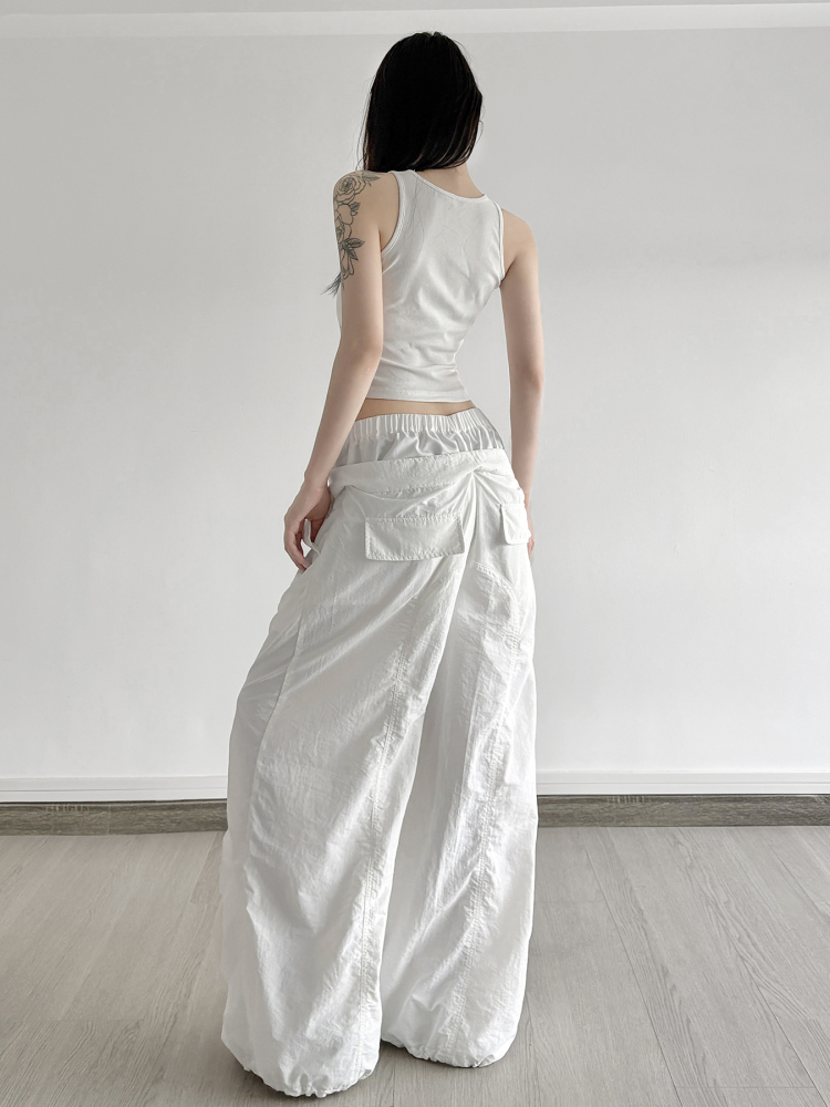 White Double Waist Pleated Casual Pants for Women - Low Waist Loose Wide Leg Dance Trousers, 90s Inspired Street Style White Double Waist Pleated Casual Pants for Women - Low Waist Loose Wide Leg Dance Trousers, 90s Inspired Street Style