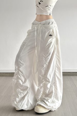 White Double Waist Pleated Casual Pants for Women - Low Waist Loose Wide Leg Dance Trousers, 90s Inspired Street Style