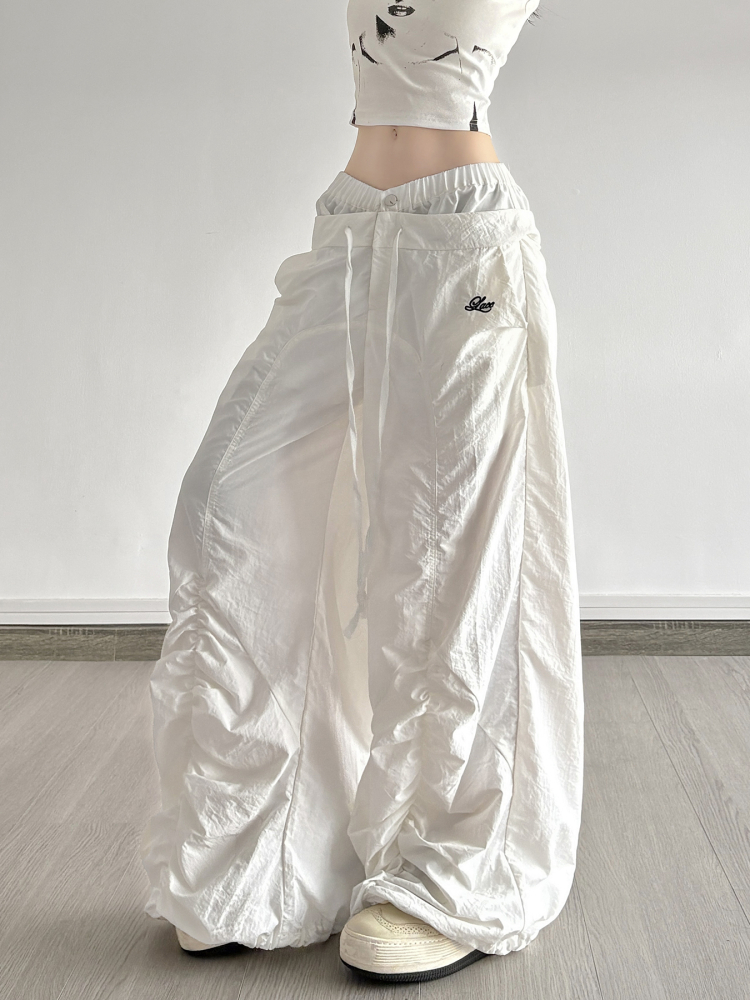 White Double Waist Pleated Casual Pants for Women - Low Waist Loose Wide Leg Dance Trousers, 90s Inspired Street Style White Double Waist Pleated Casual Pants for Women - Low Waist Loose Wide Leg Dance Trousers, 90s Inspired Street Style