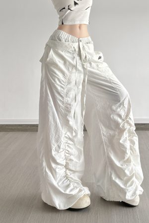 White Double Waist Pleated Casual Pants for Women - Low Waist Loose Wide Leg Dance Trousers, 90s Inspired Street Style