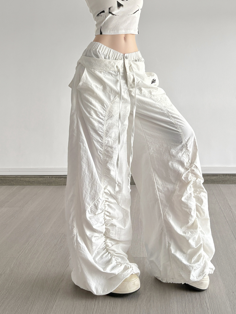 White Double Waist Pleated Casual Pants for Women - Low Waist Loose Wide Leg Dance Trousers, 90s Inspired Street Style White Double Waist Pleated Casual Pants for Women - Low Waist Loose Wide Leg Dance Trousers, 90s Inspired Street Style