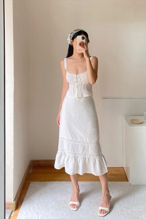 White French Lace Camisole and A-Line Fishtail Skirt Set - Elegant Lace-Up Design, Perfect for 90s Inspired and Y2K Fashion