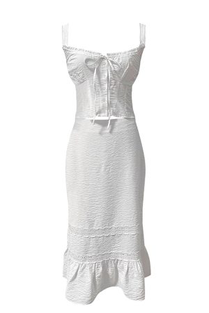 White French Lace Camisole and A-Line Fishtail Skirt Set - Elegant Lace-Up Design, Perfect for 90s Inspired and Y2K Fashion