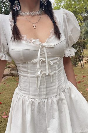 White Jasmine Handmade Spring Summer Bubble Sleeve Lace Trim Bow Vacation Dress - French Court Style for Effortless Elegance