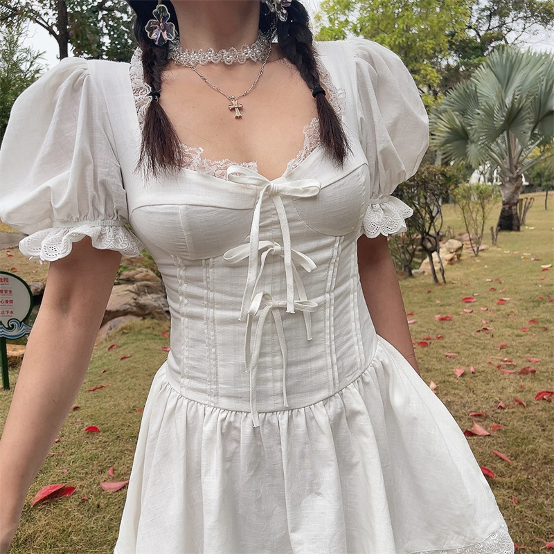 White Jasmine Handmade Spring Summer Bubble Sleeve Lace Trim Bow Vacation Dress - French Court Style for Effortless Elegance White Jasmine Handmade Spring Summer Bubble Sleeve Lace Trim Bow Vacation Dress - French Court Style for Effortless Elegance