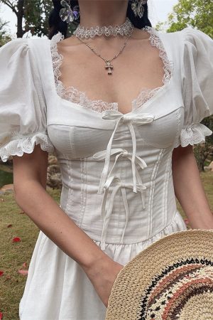 White Jasmine Handmade Spring Summer Bubble Sleeve Lace Trim Bow Vacation Dress - French Court Style for Effortless Elegance