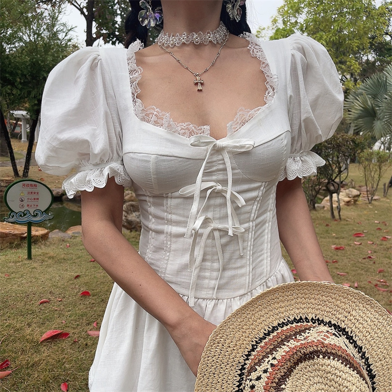 White Jasmine Handmade Spring Summer Bubble Sleeve Lace Trim Bow Vacation Dress - French Court Style for Effortless Elegance White Jasmine Handmade Spring Summer Bubble Sleeve Lace Trim Bow Vacation Dress - French Court Style for Effortless Elegance