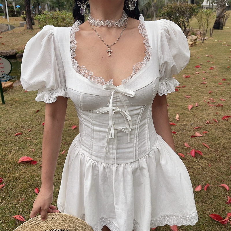 White Jasmine Handmade Spring Summer Bubble Sleeve Lace Trim Bow Vacation Dress - French Court Style for Effortless Elegance White Jasmine Handmade Spring Summer Bubble Sleeve Lace Trim Bow Vacation Dress - French Court Style for Effortless Elegance