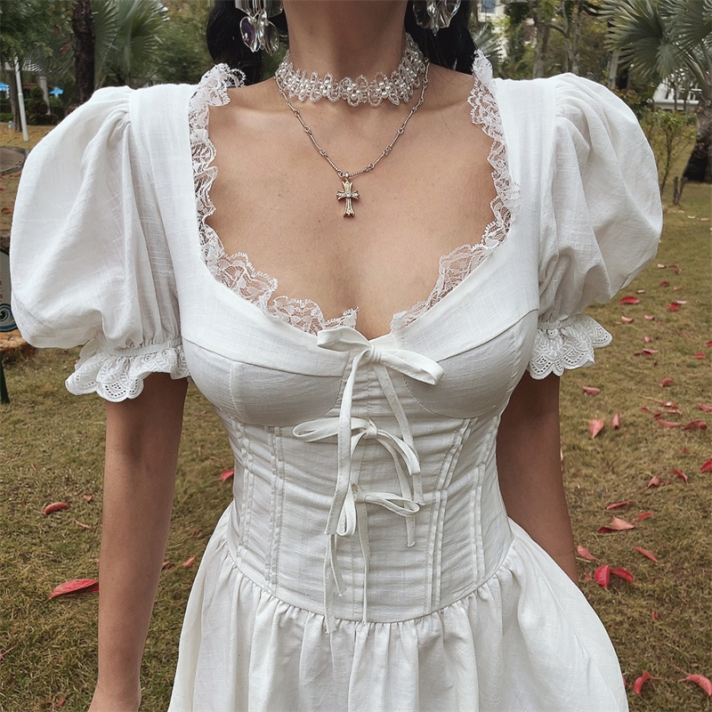 White Jasmine Handmade Spring Summer Bubble Sleeve Lace Trim Bow Vacation Dress - French Court Style for Effortless Elegance White Jasmine Handmade Spring Summer Bubble Sleeve Lace Trim Bow Vacation Dress - French Court Style for Effortless Elegance