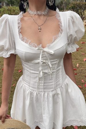 White Jasmine Handmade Spring Summer Bubble Sleeve Lace Trim Bow Vacation Dress - French Court Style for Effortless Elegance