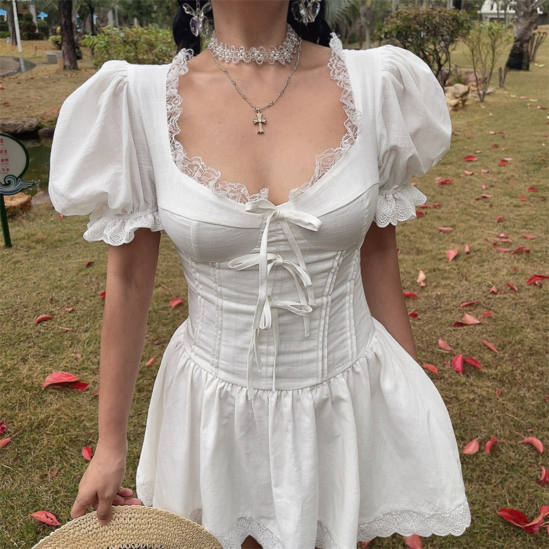 White Jasmine Handmade Spring Summer Bubble Sleeve Lace Trim Bow Vacation Dress - French Court Style for Effortless Elegance White Jasmine Handmade Spring Summer Bubble Sleeve Lace Trim Bow Vacation Dress - French Court Style for Effortless Elegance