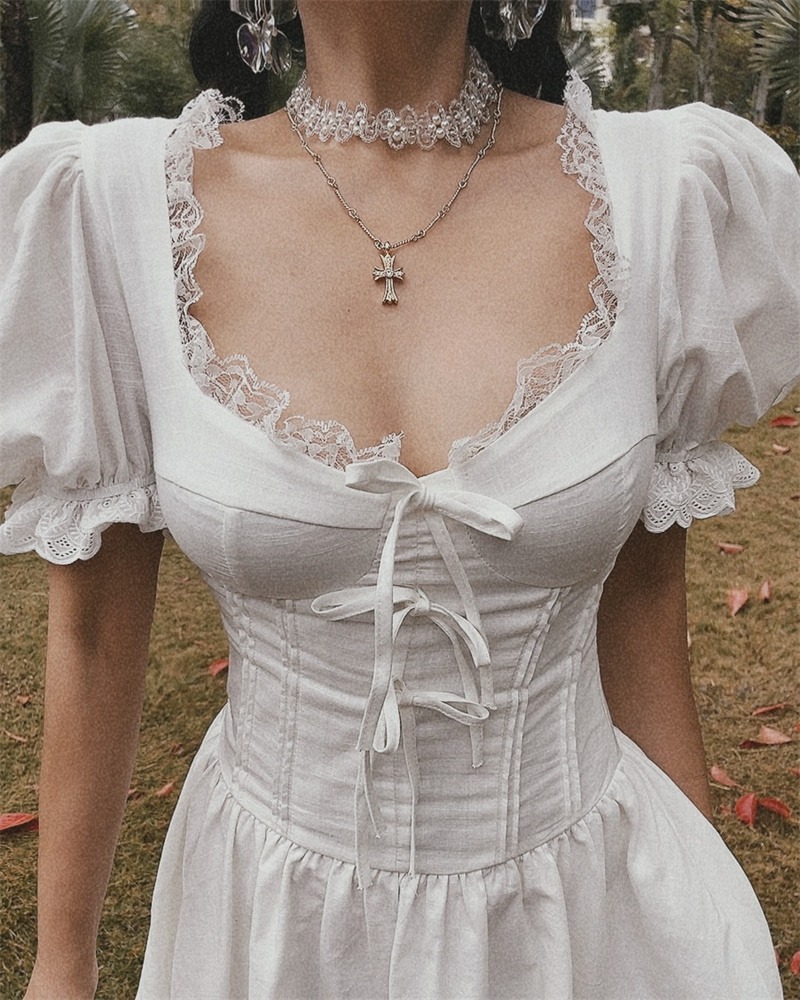 White Jasmine Handmade Spring Summer Bubble Sleeve Lace Trim Bow Vacation Dress - French Court Style for Effortless Elegance White Jasmine Handmade Spring Summer Bubble Sleeve Lace Trim Bow Vacation Dress - French Court Style for Effortless Elegance