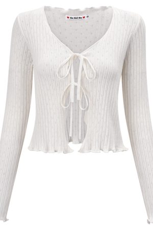 White Knitted Hollow Out Cardigan Coat for Women - Sexy Ruffled Edge Design, European American Style, Perfect for Autumn Winter Fashion