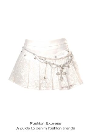 White Lace A-Line Pleated Half Skirt for Women - 2025 Summer Spring Ballet Style, Slimming Design for Trendy Looks