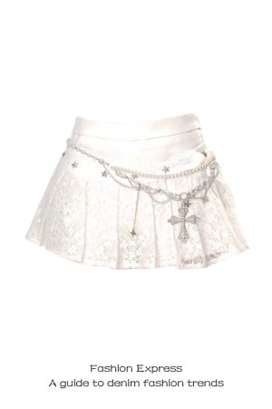 White Lace A-Line Pleated Half Skirt for Women - 2025 Summer Spring Ballet Style, Slimming Design for Trendy Looks