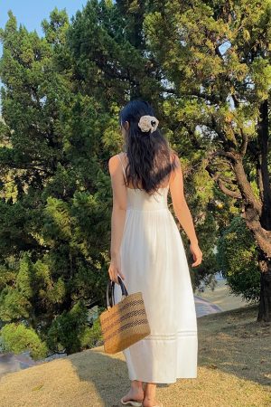 White Lace Hollowed-Out Dress with Waist-Cinching Design - Elegant Long Strap Vacation Dress for Summer 90s Y2K Style