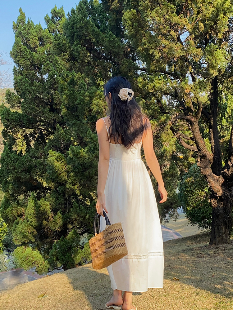 White Lace Hollowed-Out Dress with Waist-Cinching Design - Elegant Long Strap Vacation Dress for Summer 90s Y2K Style White Lace Hollowed-Out Dress with Waist-Cinching Design - Elegant Long Strap Vacation Dress for Summer 90s Y2K Style