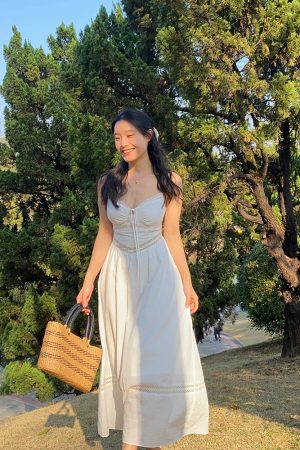 White Lace Hollowed-Out Dress with Waist-Cinching Design - Elegant Long Strap Vacation Dress for Summer 90s Y2K Style