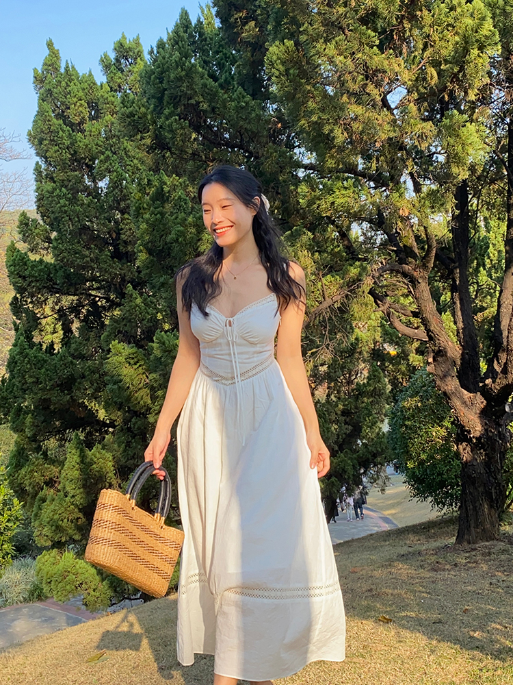 White Lace Hollowed-Out Dress with Waist-Cinching Design - Elegant Long Strap Vacation Dress for Summer 90s Y2K Style White Lace Hollowed-Out Dress with Waist-Cinching Design - Elegant Long Strap Vacation Dress for Summer 90s Y2K Style