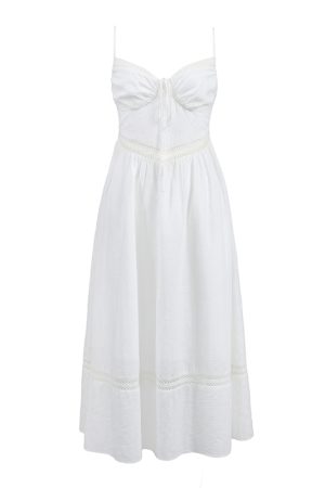 White Lace Hollowed-Out Dress with Waist-Cinching Design - Elegant Long Strap Vacation Dress for Summer 90s Y2K Style