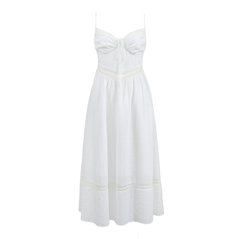 White Lace Hollowed-Out Dress with Waist-Cinching Design - Elegant Long Strap Vacation Dress for Summer 90s Y2K Style White Lace Hollowed-Out Dress with Waist-Cinching Design - Elegant Long Strap Vacation Dress for Summer 90s Y2K Style