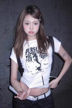 White Mermaid Print Short-Sleeve T-Shirt for Women - Retro Spicy Girl Casual Top, Slim Fit Summer Style