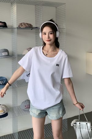 White One-Shoulder Round Neck Short Sleeve T-Shirt for Women - Summer Versatile Loose Fit Top, Y2K Style