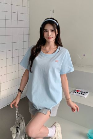 White One-Shoulder Round Neck Short Sleeve T-Shirt for Women - Summer Versatile Loose Fit Top, Y2K Style