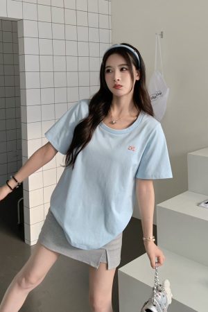 White One-Shoulder Round Neck Short Sleeve T-Shirt for Women - Summer Versatile Loose Fit Top, Y2K Style