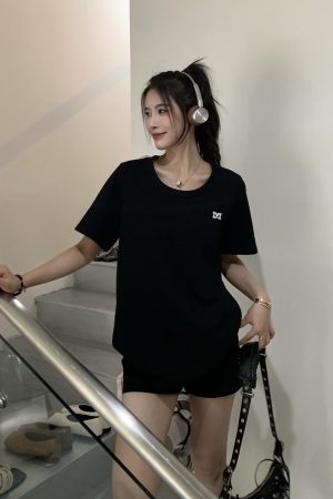 White One-Shoulder Round Neck Short Sleeve T-Shirt for Women - Summer Versatile Loose Fit Top, Y2K Style