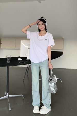 White One-Shoulder Round Neck Short Sleeve T-Shirt for Women - Summer Versatile Loose Fit Top, Y2K Style