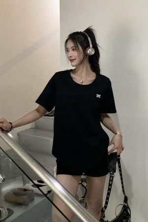 White One-Shoulder Round Neck Short Sleeve T-Shirt for Women - Summer Versatile Loose Fit Top, Y2K Style