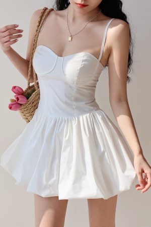 White Pleated Puff Skirt Dress - Retro Waist-Defining Spaghetti Strap - French Girl Style for Vacation and Summer Fashion