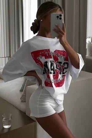 White Retro Short Sleeve T-Shirt for Women - American Style Loose Half-Sleeve Top for Summer - Trendy High Street Fashion